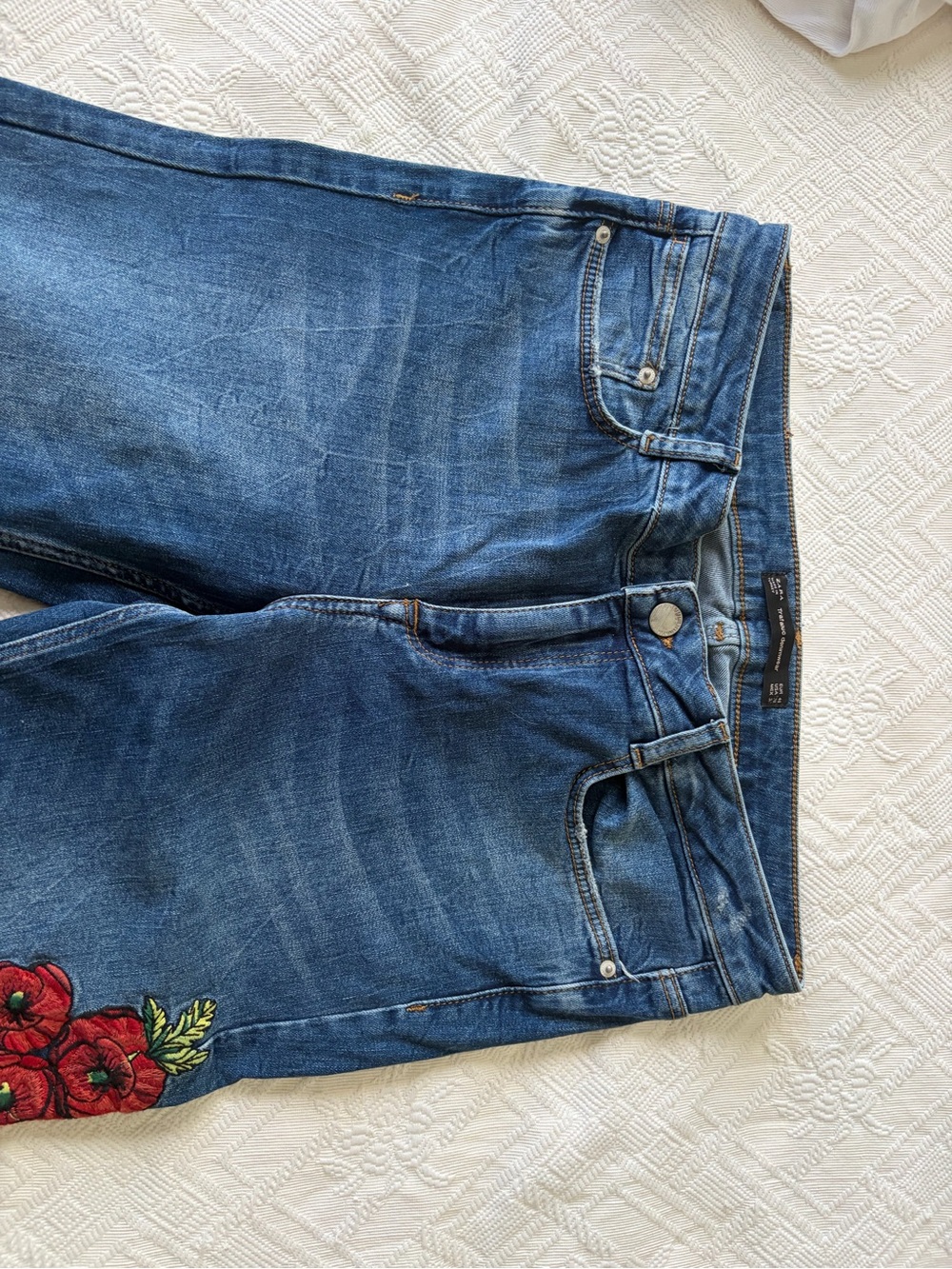 Zara Blue Embroidered Boyfriend Jeans with Red Floral Detail